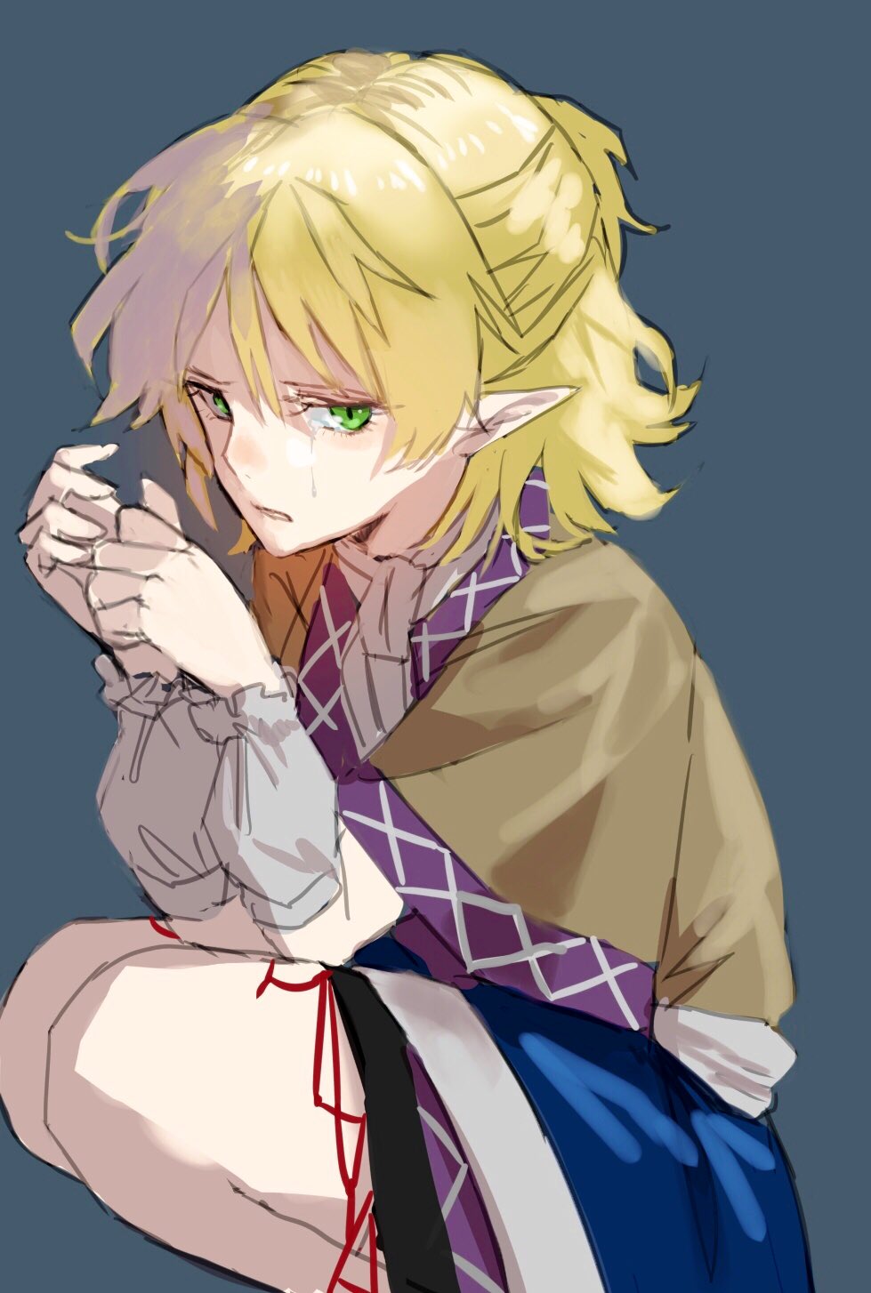 1girl arm_warmers blonde_hair brown_shirt crying crying_with_eyes_open green_eyes hands_up highres looking_at_viewer mizuhashi_parsee nanasuou parted_lips pointy_ears scarf shirt short_hair short_sleeves sideways_glance simple_background skirt solo tears touhou