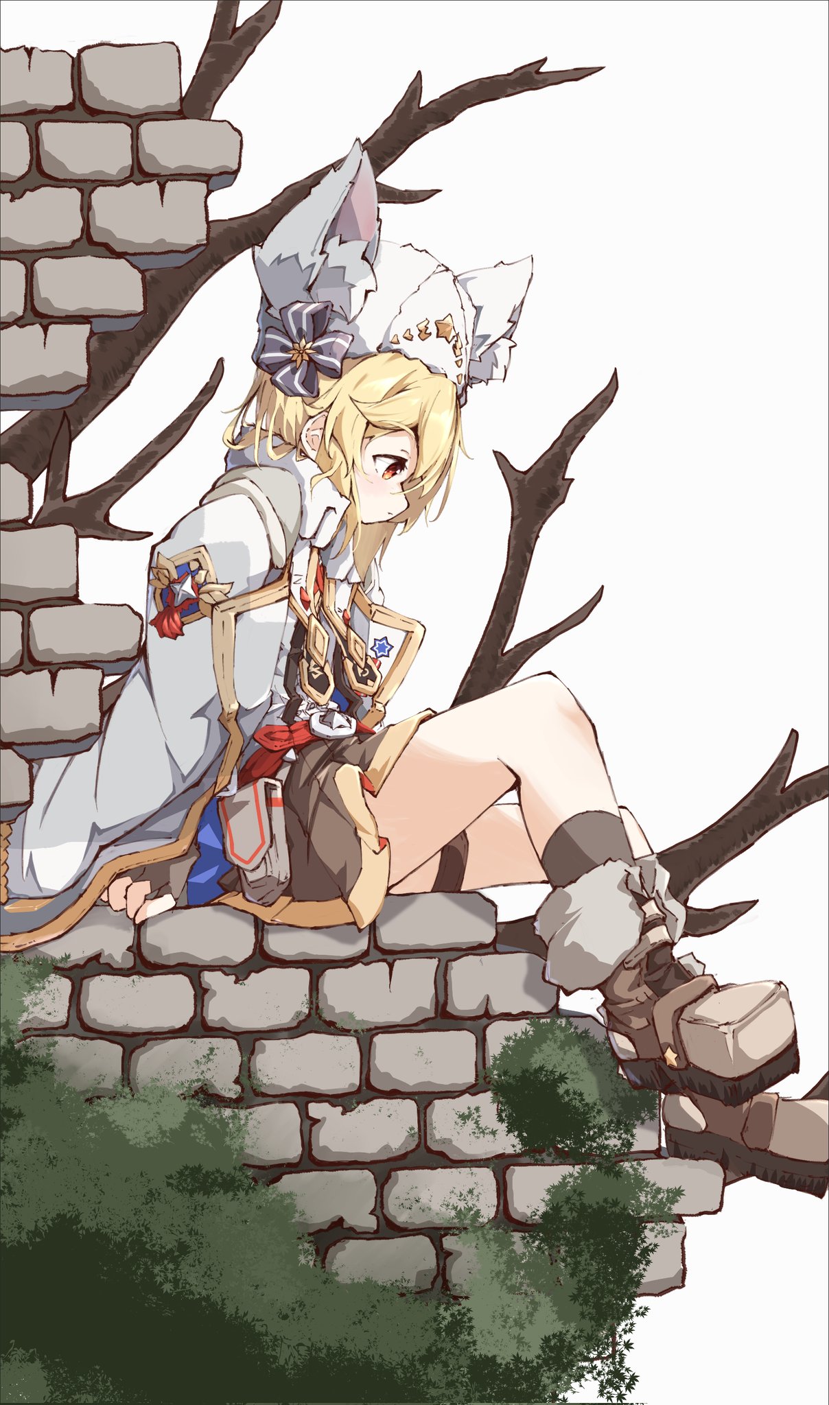 1girl animal_ear_fluff animal_ears bare_tree belt belt_buckle blonde_hair boots brick_wall brown_footwear brown_gloves brown_legwear brown_skirt buckle bush fake_animal_ears fingerless_gloves fur_hat girls_frontline gloves hat highres jacket matsuo_(matuonoie) mod3_(girls'_frontline) nagant_revolver_(girls'_frontline) red_belt red_eyes shirt simple_background sitting skirt solo star_(symbol) tree ushanka white_headwear white_jacket white_shirt