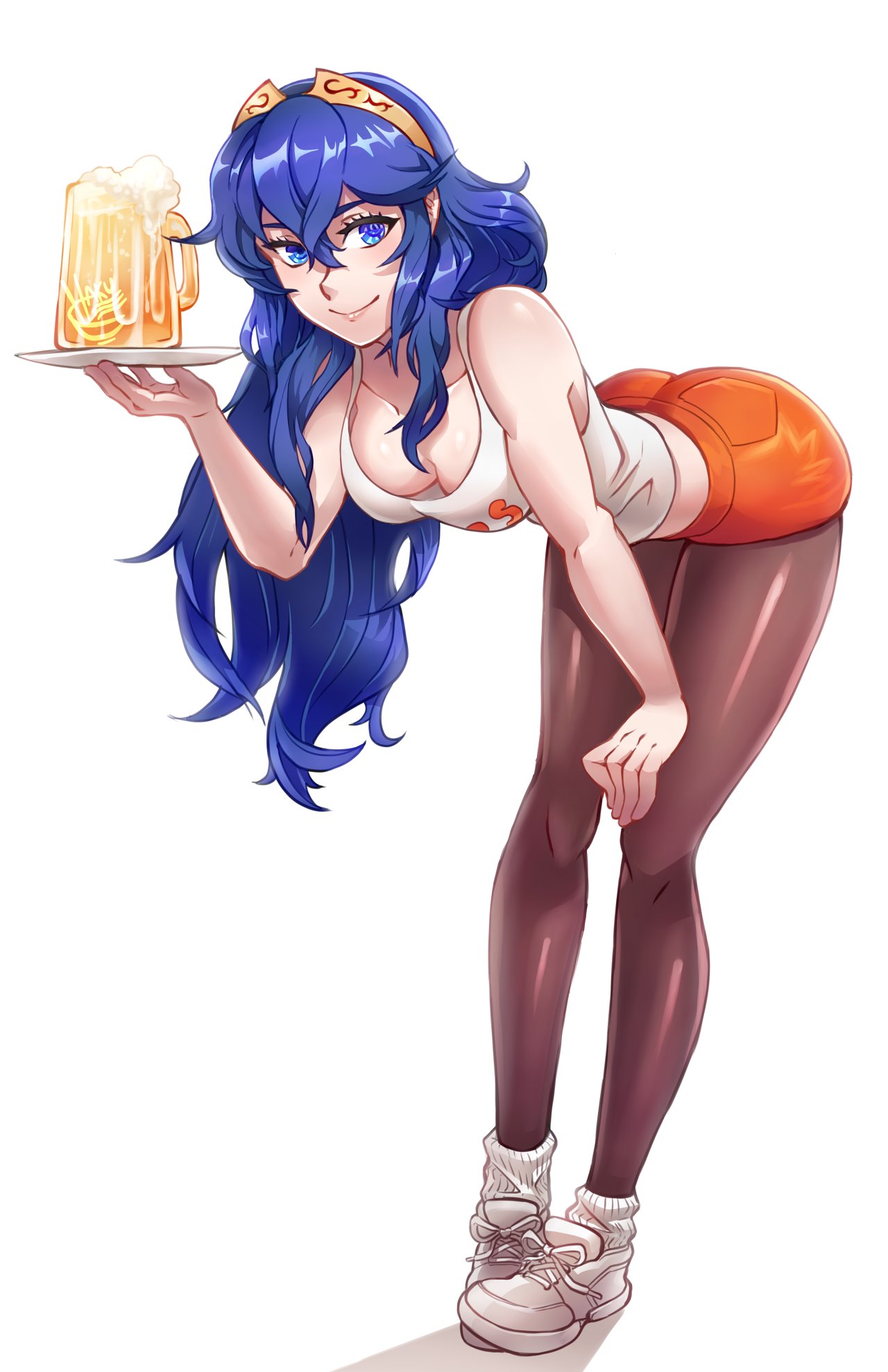 1girl bangs beer_mug blue_eyes blue_hair blush breasts clothes_writing cup employee_uniform fire_emblem fire_emblem_awakening hair_between_eyes hakuramen highres holding hooters long_hair looking_at_viewer lucina_(fire_emblem) mug orange_shorts pantyhose short_shorts shorts simple_background smile solo tank_top tiara uniform waitress