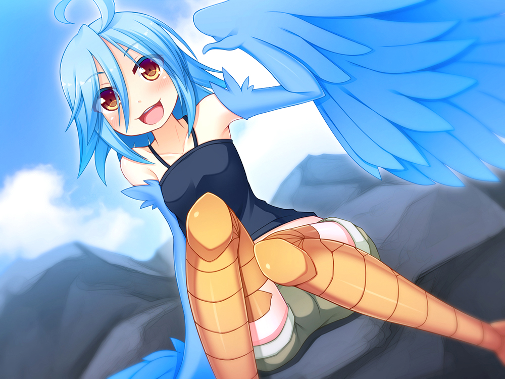 1girl ahoge amoriro bangs bare_shoulders bird_legs blue_feathers blue_hair blue_wings blush feathered_wings feathers hair_between_eyes harpy long_hair midriff monster_girl monster_musume_no_iru_nichijou open_mouth papi_(monster_musume) scales shorts sitting solo winged_arms wings yellow_eyes