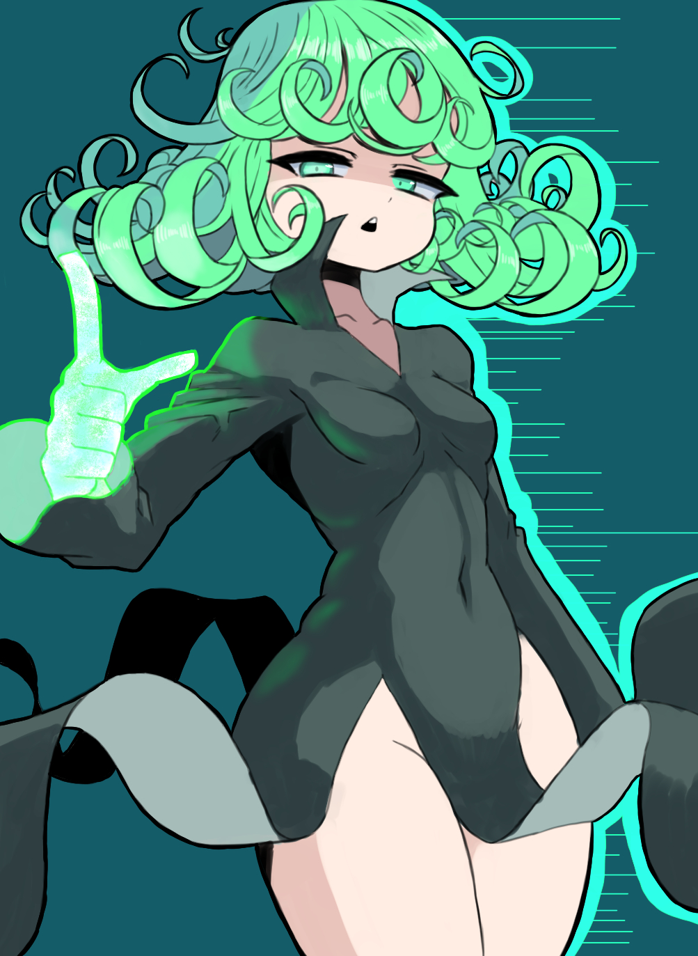 1girl bangs chestnut_mouth covered_navel curly_hair dress floating_clothes glowing glowing_hand green_eyes green_hair groin half-closed_eyes high_collar highres kamuruchii long_sleeves medium_hair motion_lines narrowed_eyes no_panties one-punch_man open_mouth popped_collar shaded_face side_slit skin_tight solo tatsumaki telekinesis thick_thighs thighs