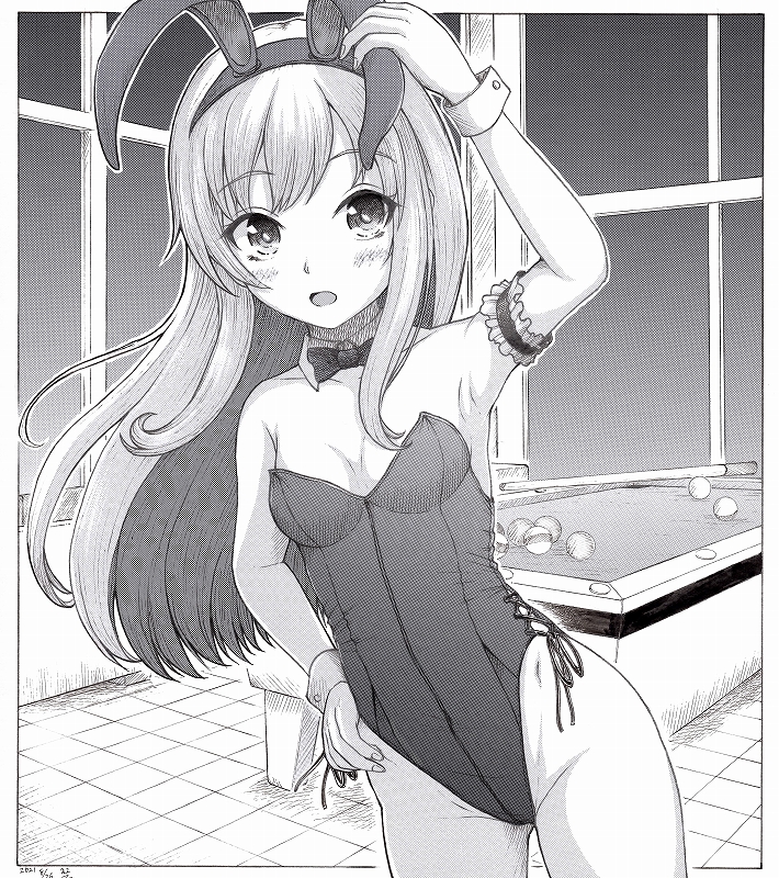1girl animal_ears asashio_(kancolle) ball billiard_ball billiards blush bow bowtie breasts covered_navel cowboy_shot cue_stick detached_collar eyebrows_visible_through_hair fake_animal_ears greyscale h2_(h20000000) hair_between_eyes hand_on_hip indoors kantai_collection leotard long_hair monochrome open_mouth playboy_bunny pool_table rabbit_ears side-tie_leotard small_breasts solo strapless strapless_leotard traditional_bowtie window wrist_cuffs