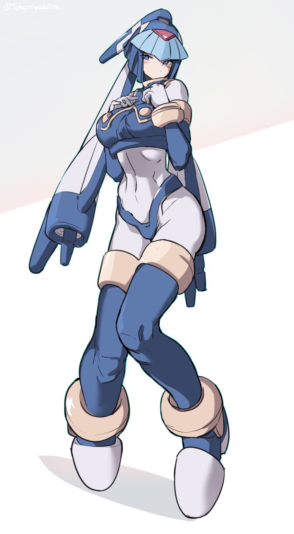 1girl android blue_eyes blue_hair breasts chinese_commentary covered_navel dot_mouth full_body hands_on_own_chest helmet high_heels highres huanxiang_huifeng knees_together_feet_apart large_breasts leviathan_(mega_man) looking_away mega_man_(series) mega_man_zero no_pupils robot shadow solid_circle_eyes solo standing thigh-highs