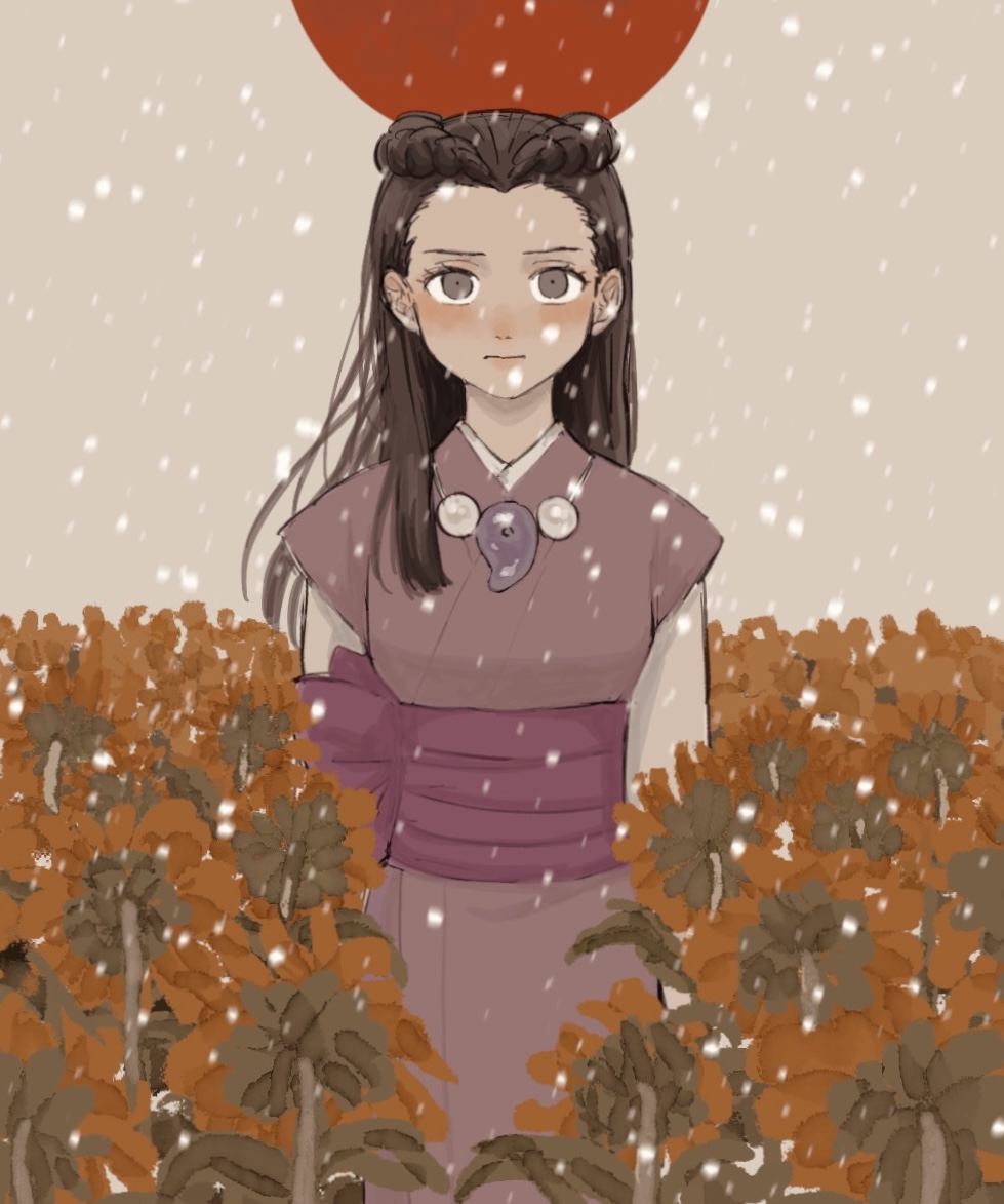 1girl ace_attorney black_hair blush flower grey_eyes iris_(ace_attorney) japanese_clothes long_hair looking_at_viewer no_bangs renshu_usodayo snowing solo sunflower