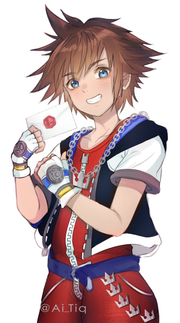 1boy bangs black_hoodie blue_eyes blush envelope eyebrows_visible_through_hair fingerless_gloves gloves head_tilt holding holding_envelope hood hoodie iluvei kingdom_hearts looking_at_viewer male_focus purple_belt red_shirt red_shorts shirt shorts smash_invitation smile solo sora_(kingdom_hearts) super_smash_bros. white_background white_gloves