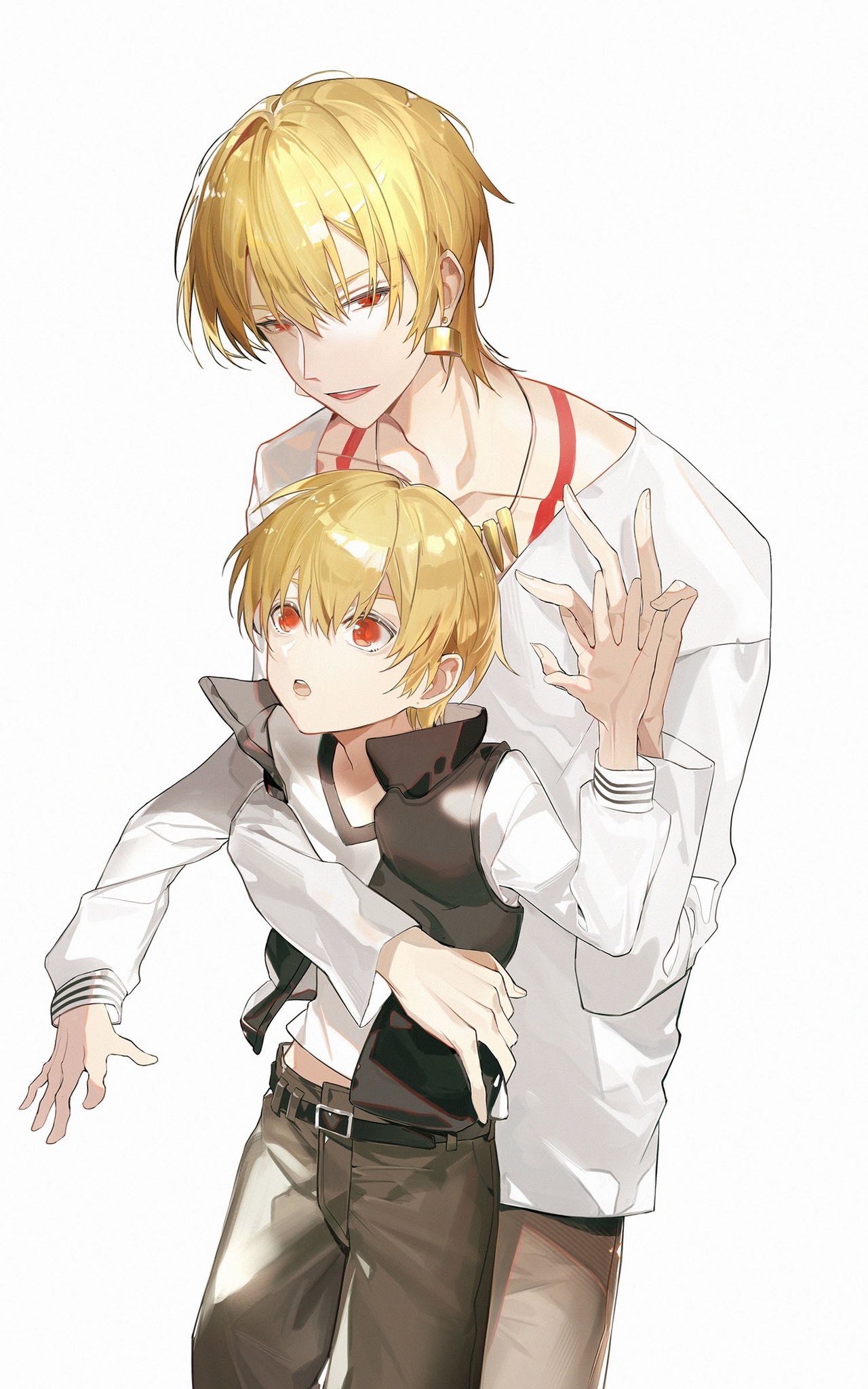 2boys :d :o age_comparison blonde_hair child child_gilgamesh_(fate) earrings fate/extra fate/extra_ccc fate/grand_order fate/hollow_ataraxia fate/stay_night fate/strange_fake fate/zero fate_(series) feet_out_of_frame gilgamesh_(fate) highres hug hug_from_behind jacket jewelry kk7_000 long_sleeves looking_at_viewer male_focus multiple_boys necklace official_alternate_costume open_mouth pants red_eyes short_hair simple_background smile time_paradox toned white_background