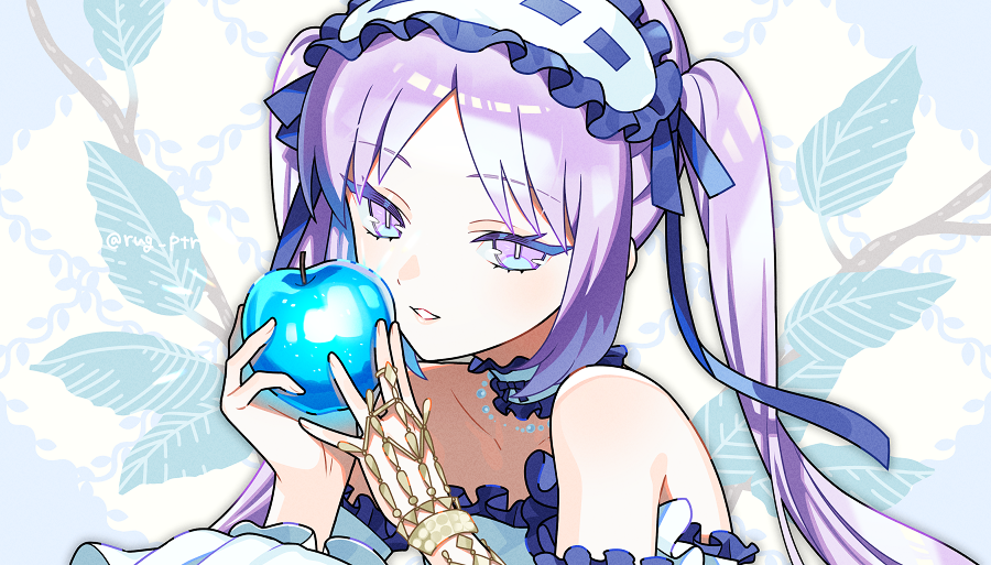 1girl bangs blue_apple eyebrows_visible_through_hair fate/hollow_ataraxia fate_(series) food fruit hairband holding holding_food holding_fruit jewelry lolita_hairband long_hair looking_at_viewer necklace off_shoulder purple_hair puteru smile solo stheno_(fate) twitter_username upper_body violet_eyes