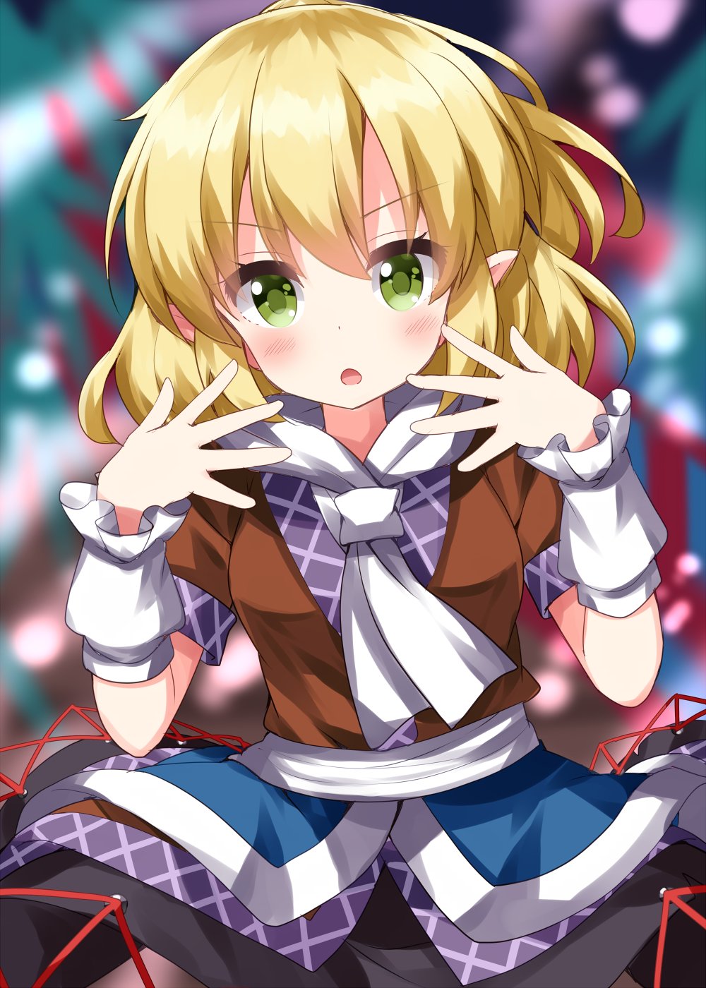 1girl :o arm_warmers bangs black_skirt blonde_hair blurry blurry_background blush breasts brown_shirt danmaku depth_of_field eyebrows_visible_through_hair fingernails green_eyes green_nails hands_up highres looking_at_viewer mizuhashi_parsee nail_polish open_mouth pointy_ears ruu_(tksymkw) scarf shirt short_hair short_sleeves skirt solo touhou white_scarf