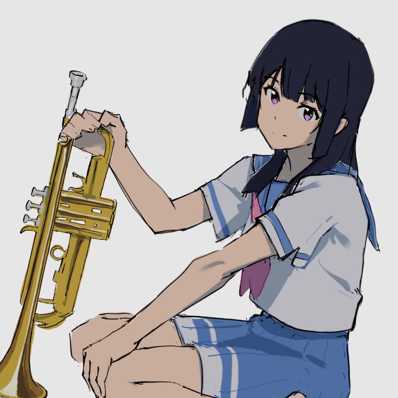 1girl blue_skirt eyebrows_visible_through_hair hand_on_own_thigh hibike!_euphonium highres holding holding_instrument instrument kitauji_high_school_uniform kousaka_reina long_hair looking_at_viewer neckerchief pink_hair pink_neckerchief psylduck sailor_collar school_uniform serafuku short_sleeves sketch skirt solo squatting trumpet