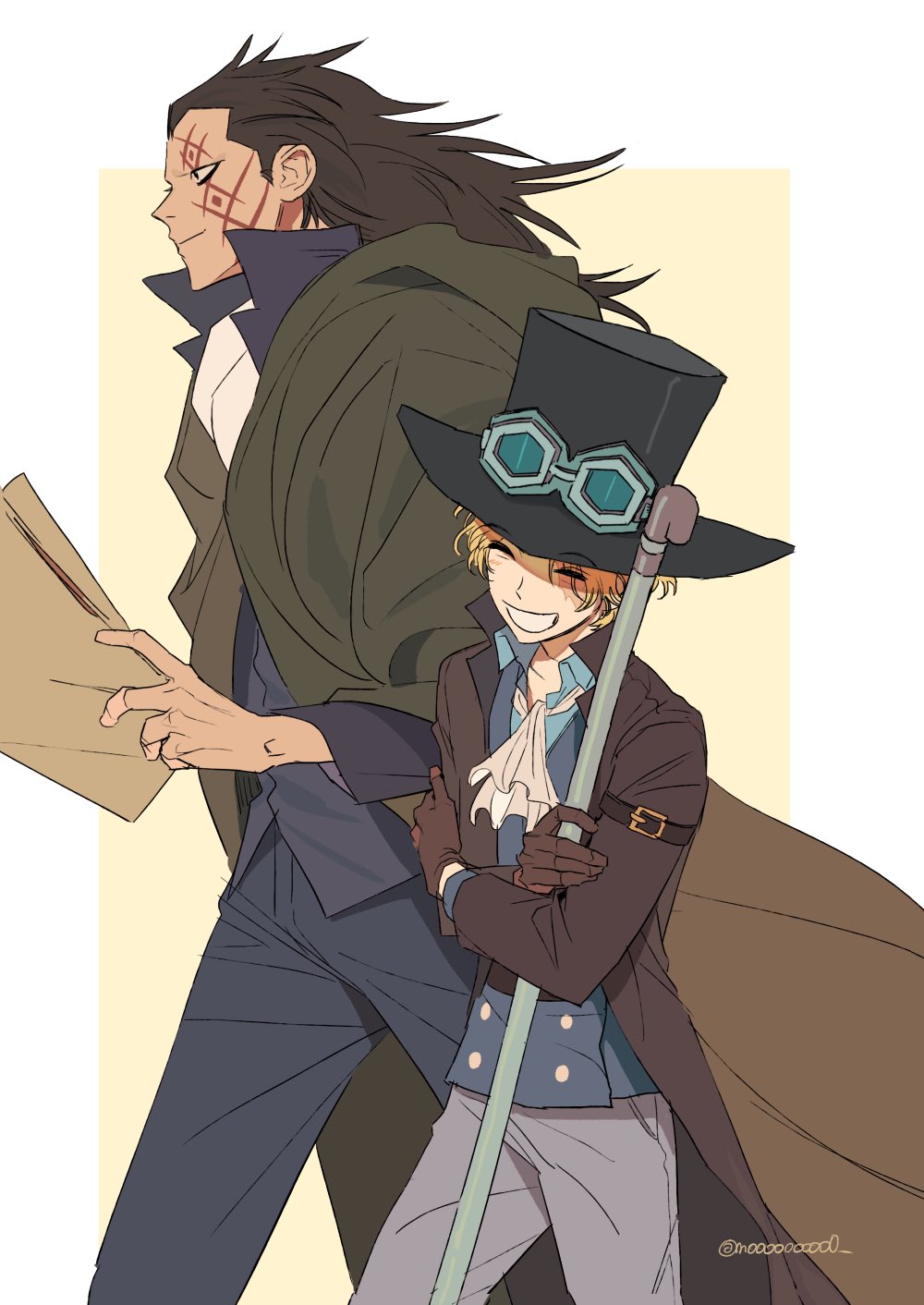 2boys ^_^ ^o^ ascot black_hair blonde_hair cape closed_eyes coat crossed_arms eyewear_on_headwear facial_mark gloves hat highres holding industrial_pipe long_hair male_focus monkey_d_dragon mulso multiple_boys one_piece sabo_(one_piece) smile