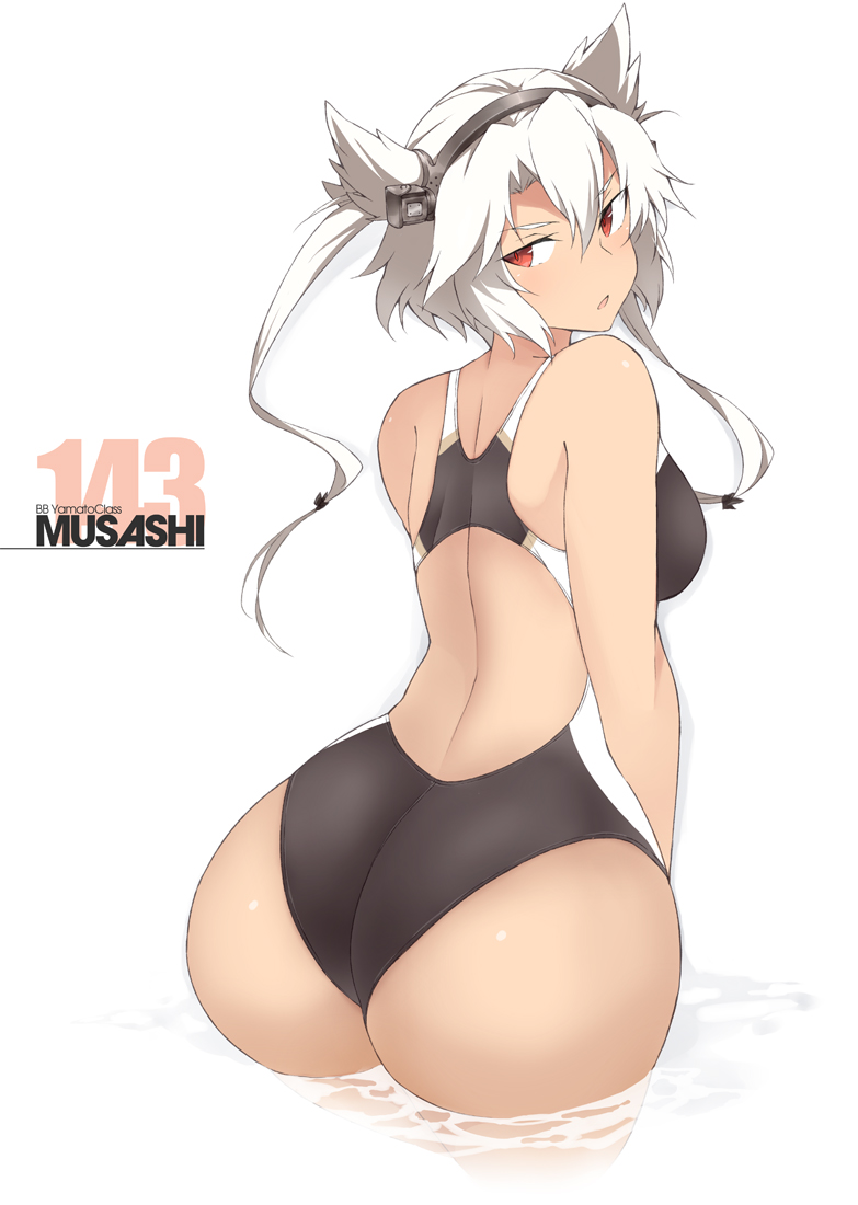 1girl :o ass back black_swimsuit breasts competition_swimsuit dark-skinned_female dark_skin grey_hair headgear kantai_collection large_breasts looking_back multicolored_clothes musashi_(kancolle) musashi_kai_ni_(kancolle) one-piece_swimsuit open_mouth red_eyes ripples shigino_sohuzi short_hair simple_background solo standing swimsuit