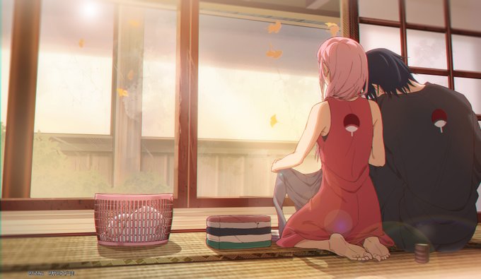 1boy 1girl barefoot black_hair black_shirt dress from_behind hair_over_shoulder haruno_sakura indoors lens_flare naruto_(series) niku_(ni23ku) pink_hair red_dress shirt short_hair sleeveless sleeveless_dress soles uchiha_sasuke