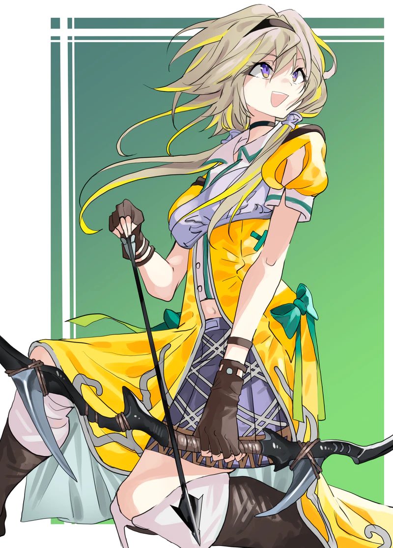 1girl :d arrow_(projectile) black_choker black_hairband blonde_hair blue_bow boots bow bow_(weapon) choker copyright_request fold-over_boots gradient_bow green_background hairband holding holding_arrow holding_bow_(weapon) holding_weapon midriff_peek miniskirt navel okbnkn pleated_skirt ponytail puffy_short_sleeves puffy_sleeves purple_skirt short_sleeves skirt smile solo violet_eyes weapon