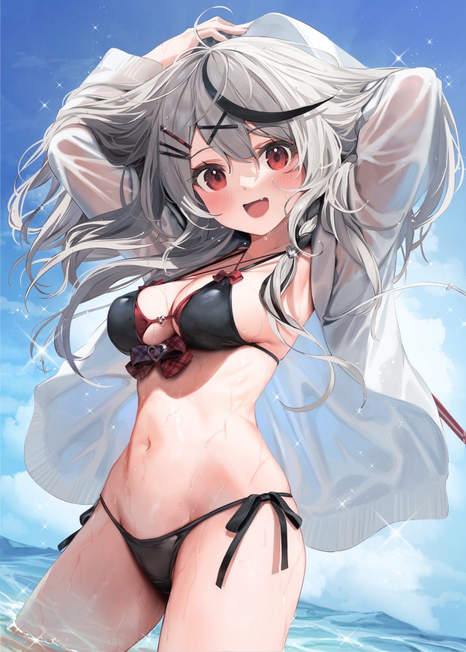 1girl :d arms_behind_head arms_up bangs banned_artist bikini black_bikini black_hair blue_sky bow breasts clouds commentary_request eyebrows_visible_through_hair fang grey_hair hair_ornament hairclip hands_in_hair highres hololive long_hair looking_at_viewer medium_breasts multicolored_hair navel parsley-f plaid plaid_bow red_eyes sakamata_chloe side-tie_bikini sky smile solo sparkle stomach streaked_hair swimsuit virtual_youtuber wading water wet wet_hair x_hair_ornament