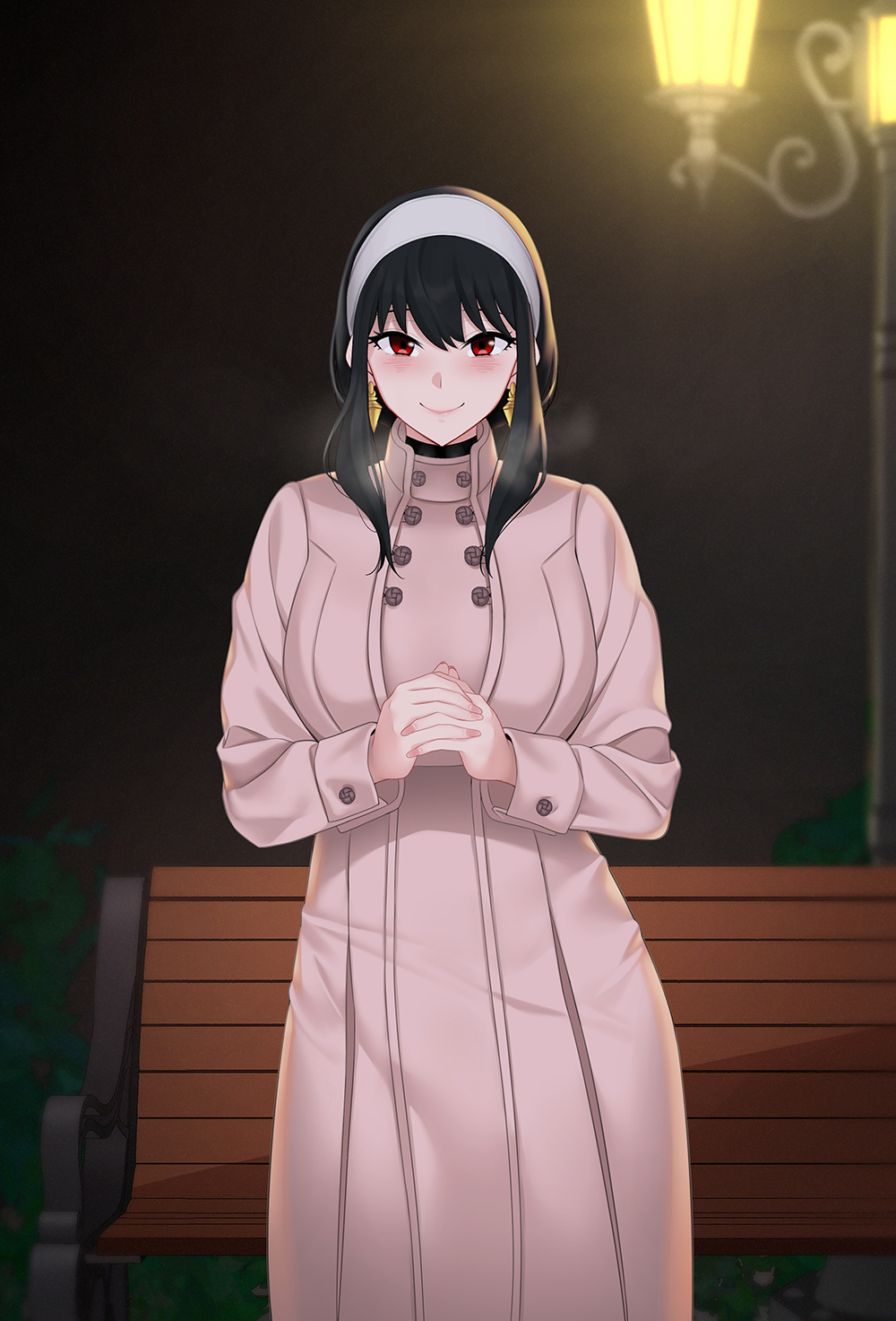 1girl bench black_hair blush breasts brown_coat coat earrings gold_earrings hairband highres jewelry jjanda lamppost large_breasts long_sleeves outdoors park_bench red_eyes short_hair_with_long_locks sidelocks smile solo spy_x_family standing white_hairband yor_briar