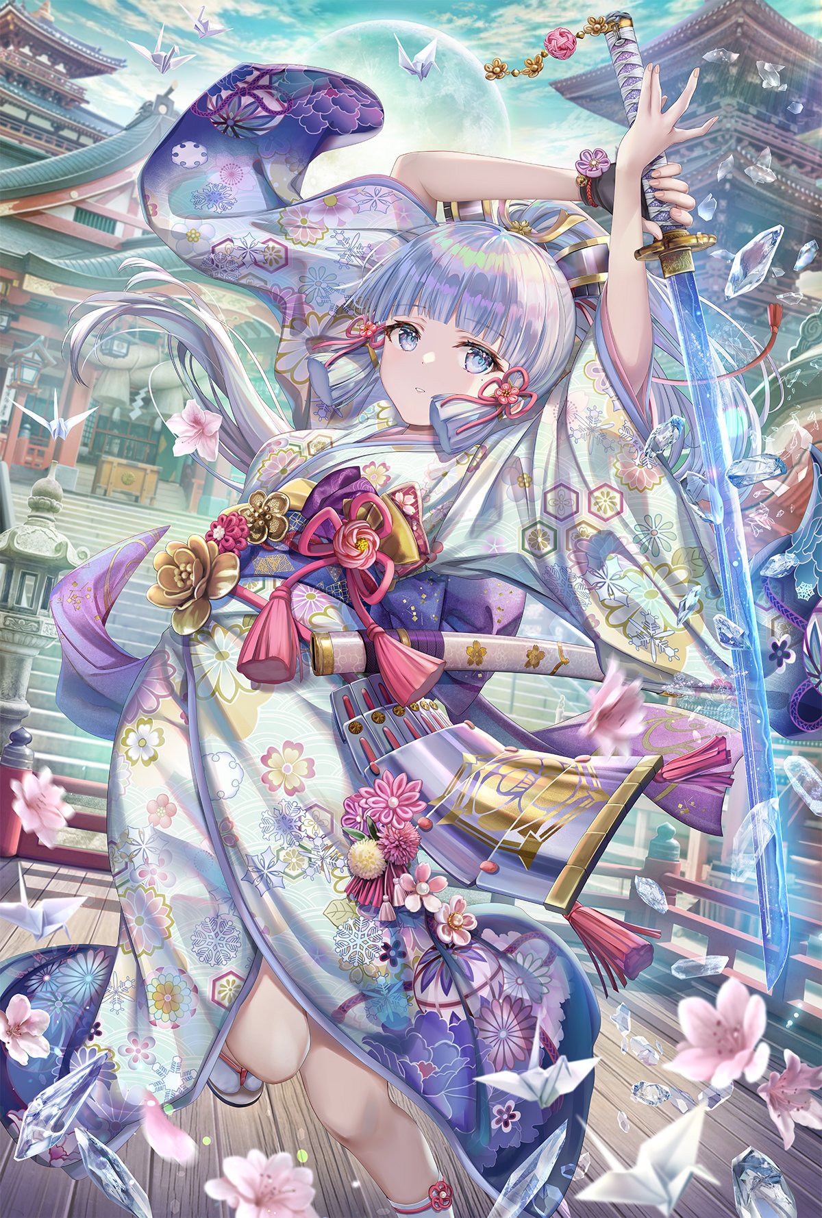 1girl bangs blue_eyes blunt_bangs blush breasts cloud crystal day east_asian_architecture flower genshin_impact hair_ornament highres ice japanese_architecture japanese_clothes kamisato_ayaka katana kimono large_breasts light_blue_hair long_hair long_sleeves looking_at_viewer petals ponytail sidelocks solo sword torino_aqua weapon wide_sleeves