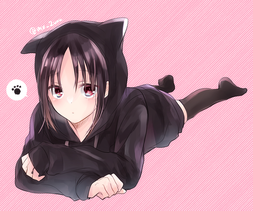 1girl animal_ears animal_hood bangs black_hair black_legwear black_sweater blush cat_ears cat_hood fake_animal_ears full_body hood hood_up hooded_sweater kaguya-sama_wa_kokurasetai_~tensai-tachi_no_renai_zunousen~ long_sleeves looking_at_viewer lying on_stomach pink_background red_eyes shinomiya_kaguya shiny shiny_hair short_hair sleeves_past_wrists solo speech_bubble spoken_paw sweater thigh-highs twitter_username yuzumikoto zettai_ryouiki