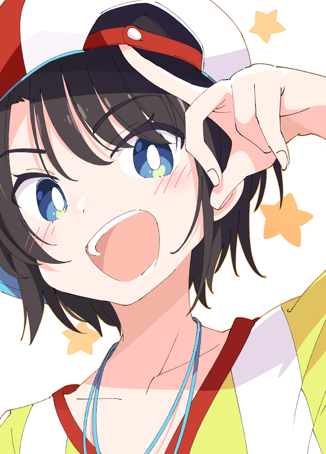 1girl :d black_hair blue_eyes blush bright_pupils collarbone eyebrows_visible_through_hair eyes_visible_through_hair hololive ixy looking_at_viewer oozora_subaru shirt short_hair smile solo star_(symbol) striped striped_shirt teeth upper_body upper_teeth vertical-striped_shirt vertical_stripes virtual_youtuber white_background white_headwear white_pupils