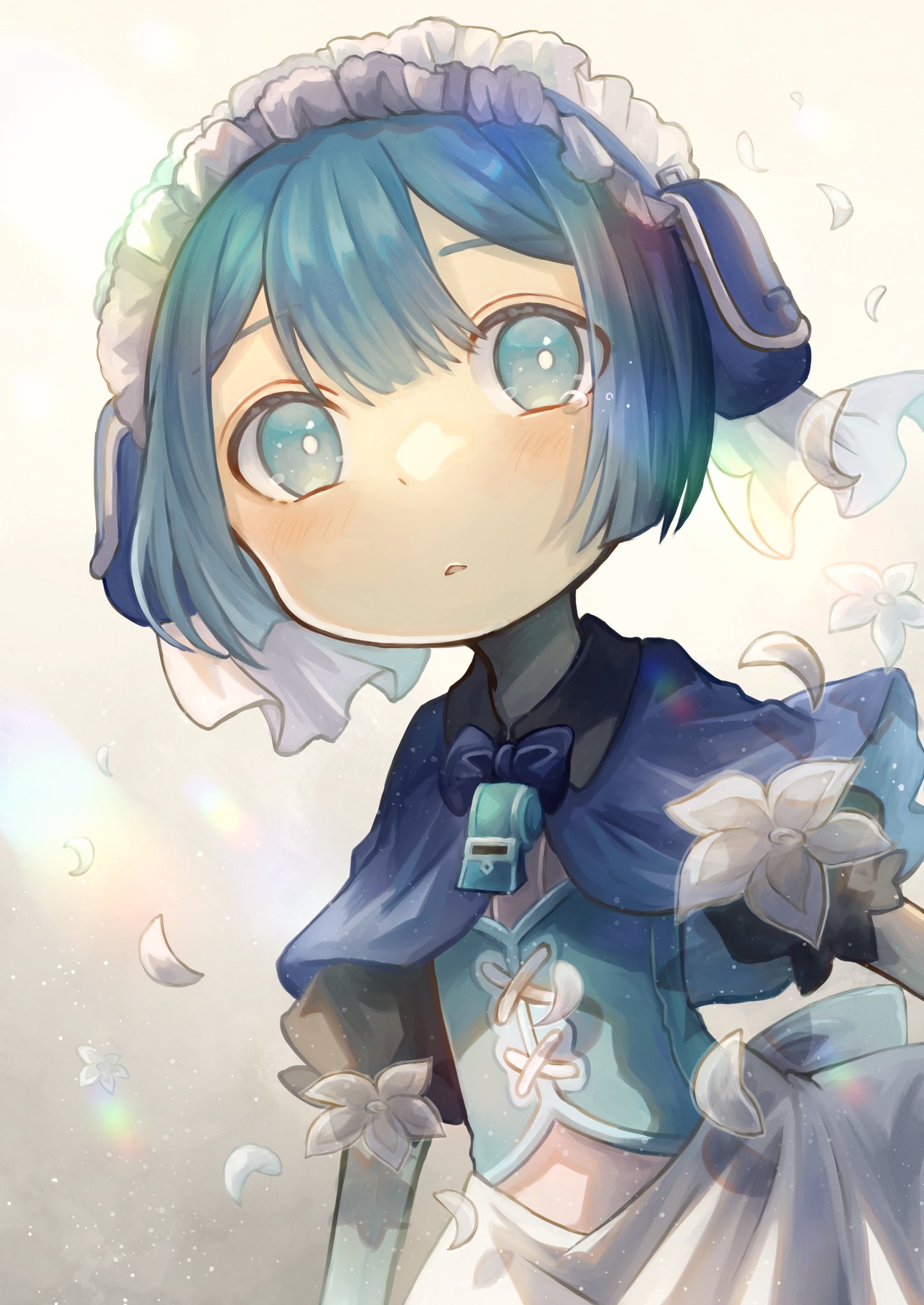 1boy blue_bow blue_bowtie blue_capelet blue_corset blue_eyes blue_hair blue_hairband blush bow bowtie bright_pupils capelet child commentary_request corset falling_petals flower frilled_hairband frilled_sleeves frills hairband halogenfluorite highres looking_at_viewer made_in_abyss male_focus maruruk otoko_no_ko parted_lips petals pouch puffy_short_sleeves puffy_sleeves short_sleeves single_tear skirt solo upper_body whistle whistle_around_neck white_background white_flower white_pupils white_skirt wind