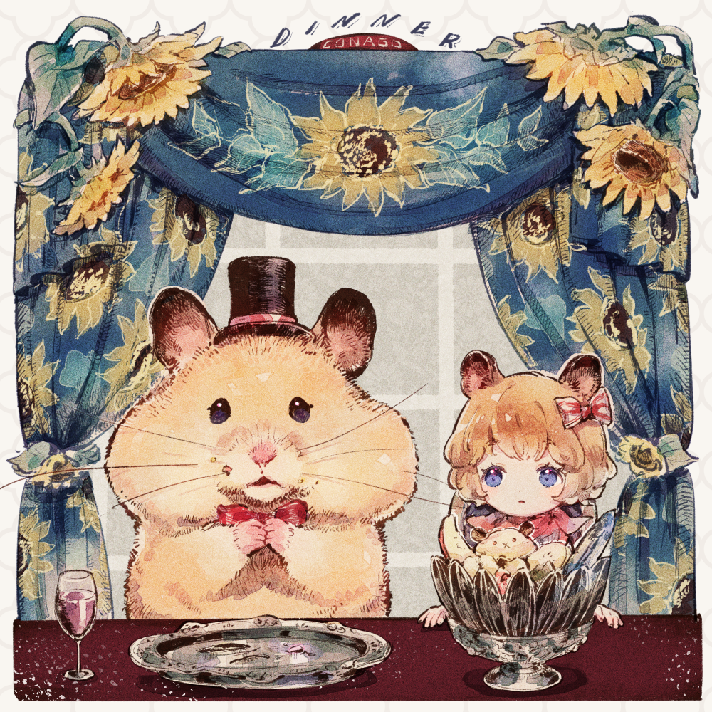 1girl animal animal_ears blue_eyes bow conago curtains dinner eating english_text floral_print flower hair_bow hamster hamster_ears open_mouth orange_hair original personification plate short_hair striped striped_bow sunflower table window yellow_flower