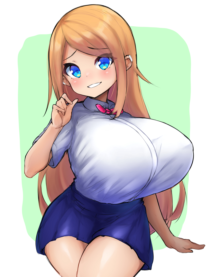 1girl blonde_hair blue_eyes blue_skirt breasts collared_shirt eyebrows_visible_through_hair female hips huge_breasts large_breasts long_hair looking_at_viewer miniskirt oppai_loli original shirt simple_background skirt smile solo thick_thighs thighs watari1118 white_shirt wide_hips