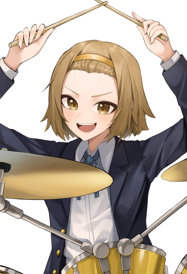1girl :d arms_up blazer blue_jacket blue_ribbon brown_eyes brown_hair commentary_request drum drum_set drumsticks forehead hairband holding holding_drumsticks instrument jacket k-on! long_sleeves looking_at_viewer neck_ribbon open_clothes open_jacket open_mouth ribbon sakuragaoka_high_school_uniform school_uniform shirt short_hair simple_background smile solo su901 tainaka_ritsu teeth upper_body upper_teeth white_background white_shirt yellow_hairband
