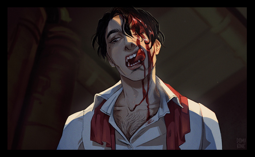 1man bachelor black_hair blood blood_in_mouth blood_on_face burakhovsky daniil_dankovsky domirine fangs injury pathologic pathologic_2 red_ascot teeth tongue unbuttoned_shirt vampire white_shirt