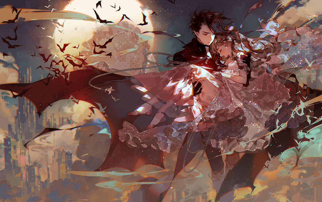 1boy 1girl above_clouds artist_name asymmetrical_hair bangs bat black_cape black_coat black_gloves brown_hair cape carrying carrying_person chromatic_aberration closed_eyes closed_mouth clouds coat commentary_request curly_hair dress fantasy flying frilled_dress frills full_moon gloves kawacy long_hair looking_at_another moon moonlight night open_mouth original outdoors polka_dot polka_dot_dress princess_carry red_eyes sparkle swept_bangs vampire