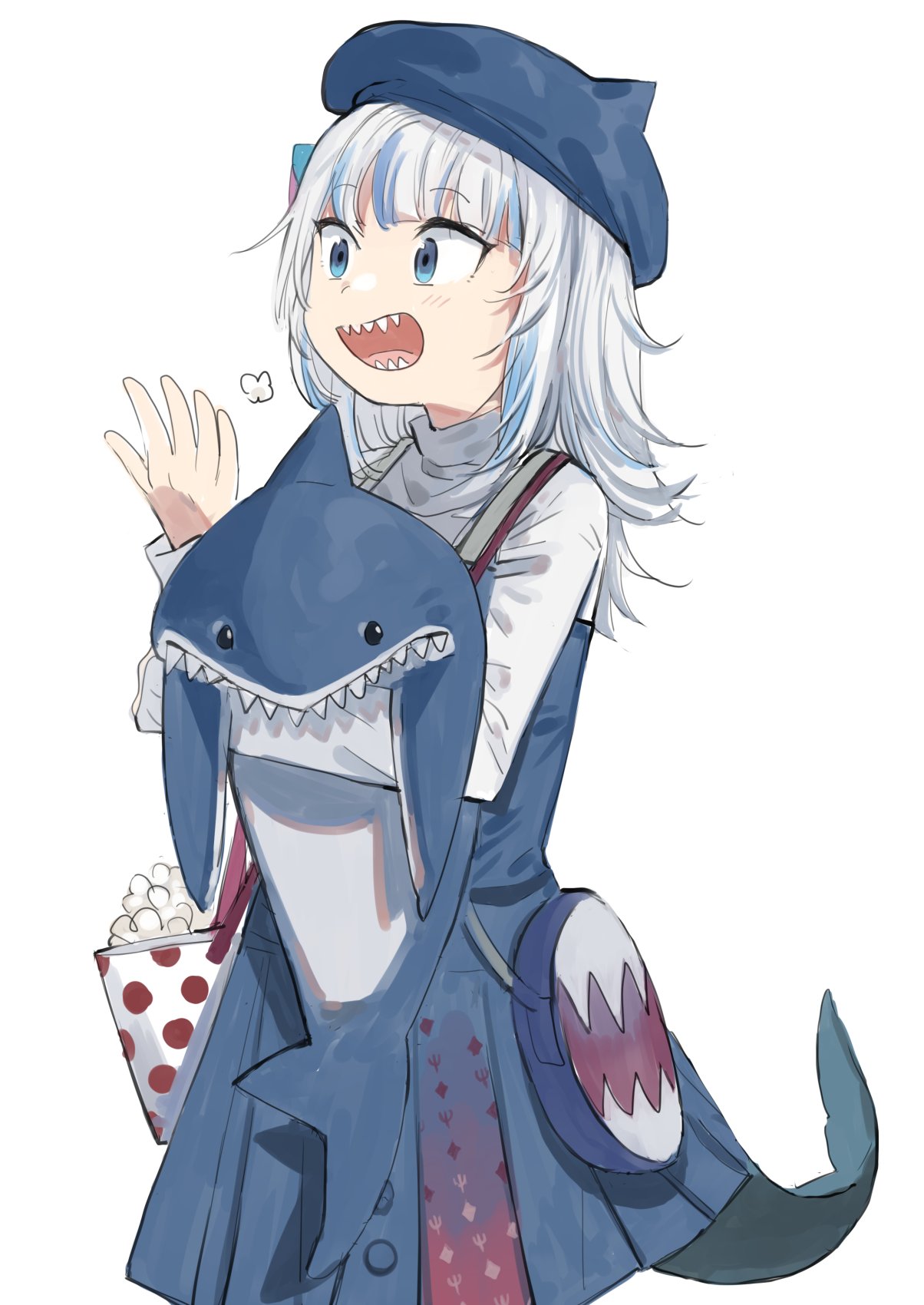 1girl :d bag beret blue_dress blue_eyes blue_headwear bucket cowboy_shot dress fish_tail food gawr_gura hand_up hat highres holding hololive hololive_english long_sleeves multicolored_hair okbnkn open_mouth pinafore_dress pleated_dress popcorn shark_tail sharp_teeth shirt shoulder_bag simple_background smile solo standing streaked_hair stuffed_animal stuffed_shark stuffed_toy tail teeth white_background white_hair white_shirt