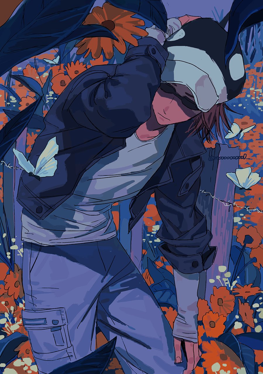 1boy flower hand_up hat highres jacket male_focus mulso one_piece orca_hood plant shachi_(one_piece) solo standing sunglasses