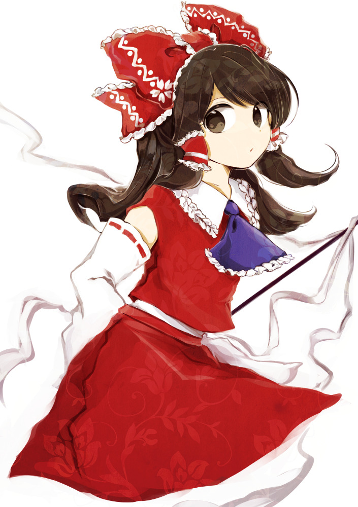 1girl ascot bangs bare_shoulders bow brown_eyes brown_hair collared_shirt commentary_request detached_sleeves eyebrows_visible_through_hair eyes_visible_through_hair floral_print flower frills gohei hair_between_eyes hair_ornament hair_tubes hakurei_reimu hiroshige_36 leaf_print long_sleeves looking_to_the_side medium_hair open_mouth purple_ascot red_bow red_flower red_skirt red_vest shirt simple_background skirt solo standing symbol_in_eye touhou vest white_background white_flower white_shirt wide_sleeves yin_yang