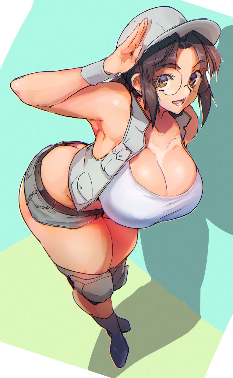 1girl armpits bangs bare_shoulders baseball_cap bent_over breasts brown_eyes brown_hair brown_vest commentary_request crop_top fio_germi full_body glasses hanging_breasts hat highres huge_breasts large_breasts madsensei metal_slug open_mouth parted_bangs round_eyewear standing tank_top upper_body vest white_tank_top