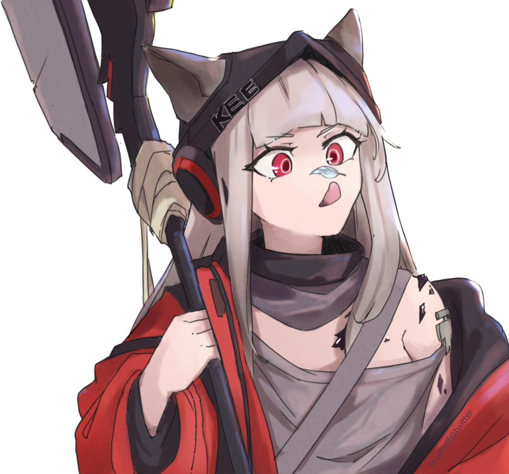 1girl animal_ears arknights axe bangs bare_shoulders black_headwear blunt_bangs commentary ears_through_headwear eyuffjaff fox_ears frostleaf_(arknights) grey_hair grey_shirt holding holding_axe holding_weapon jacket long_hair long_sleeves off-shoulder_shirt off_shoulder oripathy_lesion_(arknights) red_eyes red_jacket shirt simple_background solo tongue tongue_out upper_body weapon white_background