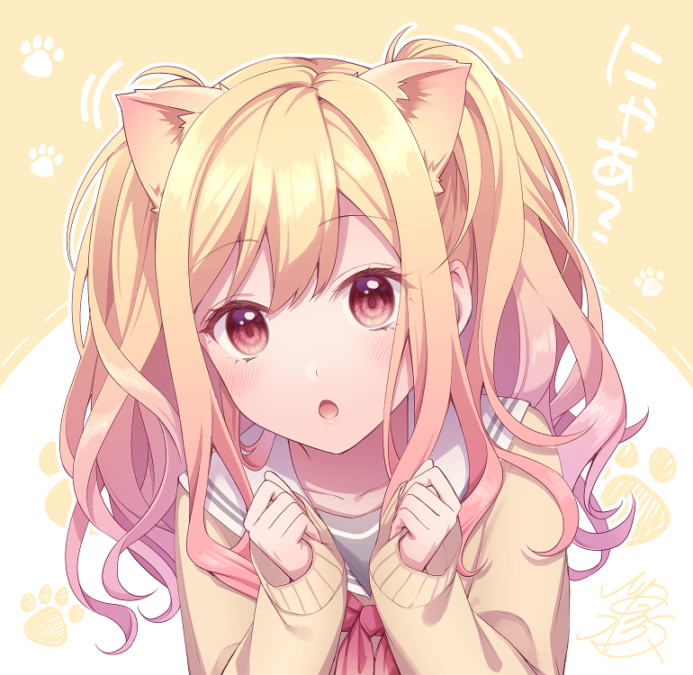 1girl animal_ears blonde_hair cat_ears cat_girl hands_up hinata_mizuiro long_sleeves multicolored_hair open_mouth pink_eyes pink_hair project_sekai solo tenma_saki twintails