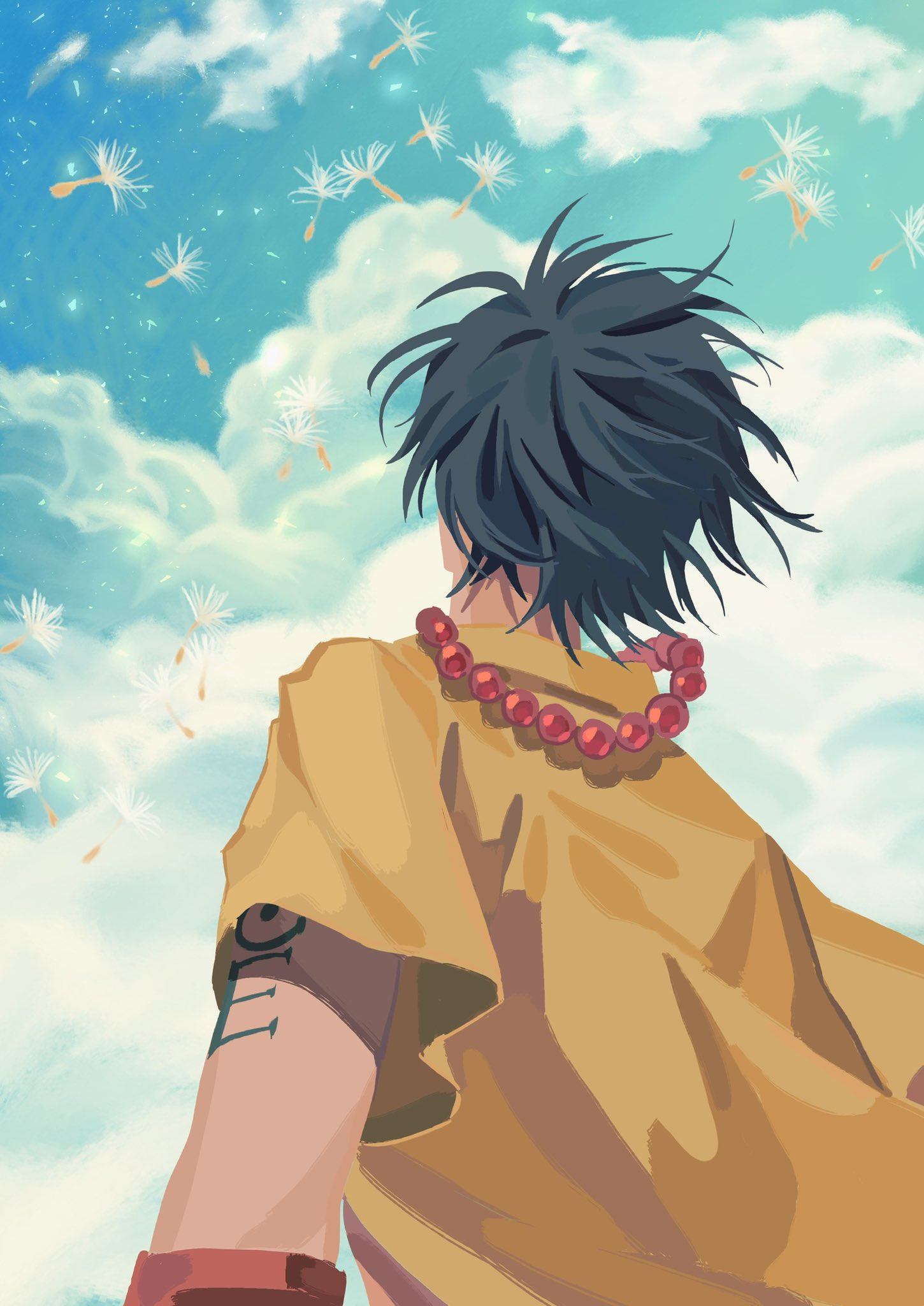 1boy bead_bracelet beads black_hair bracelet dandelion_seed from_behind highres jewelry looking_up male_focus mulso one_piece portgas_d._ace short_sleeves sky solo tattoo