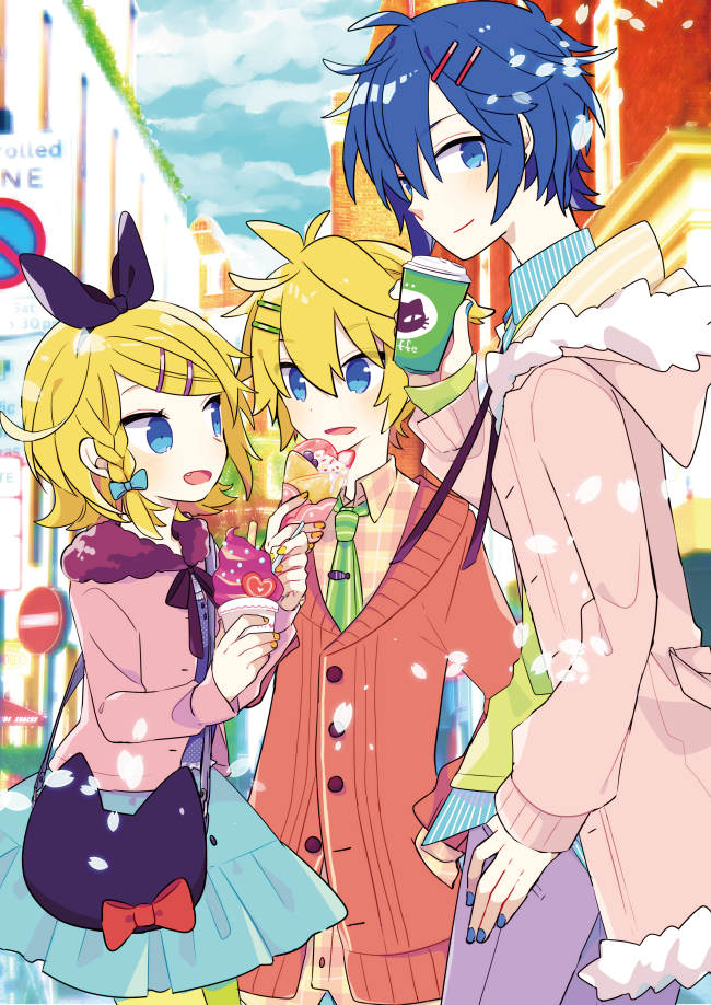 1girl 2boys :d animal_bag bangs blonde_hair blue_eyes blue_hair blush bow braid cardigan cat_bag city coat collared_shirt crepe cup disposable_cup eyebrows_visible_through_hair falling_petals fang flipped_hair food fur_collar fur_trim hair_bow hair_ornament hairclip hand_in_pocket holding holding_food ice_cream jacket kagamine_len kagamine_rin kaito_(vocaloid) layered_clothing long_sleeves looking_at_another looking_at_viewer medium_hair multiple_boys nail_polish necktie open_mouth outdoors pants pantyhose petals plaid plaid_pants plaid_shirt ribbon shirt short_hair skirt smile striped_necktie thumb_in_pocket vocaloid yoshiki