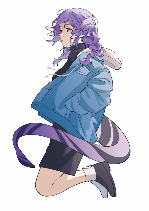 1girl airborne black_shorts black_sweater blue_eyes blue_jacket breasts dragon_girl dragon_tail elirasuki from_side head_wings heterochromia hood hooded_jacket jacket medium_breasts nijisanji nijisanji_en purple_hair selen_tatsuki shorts solo sweater tail tongue tongue_out violet_eyes