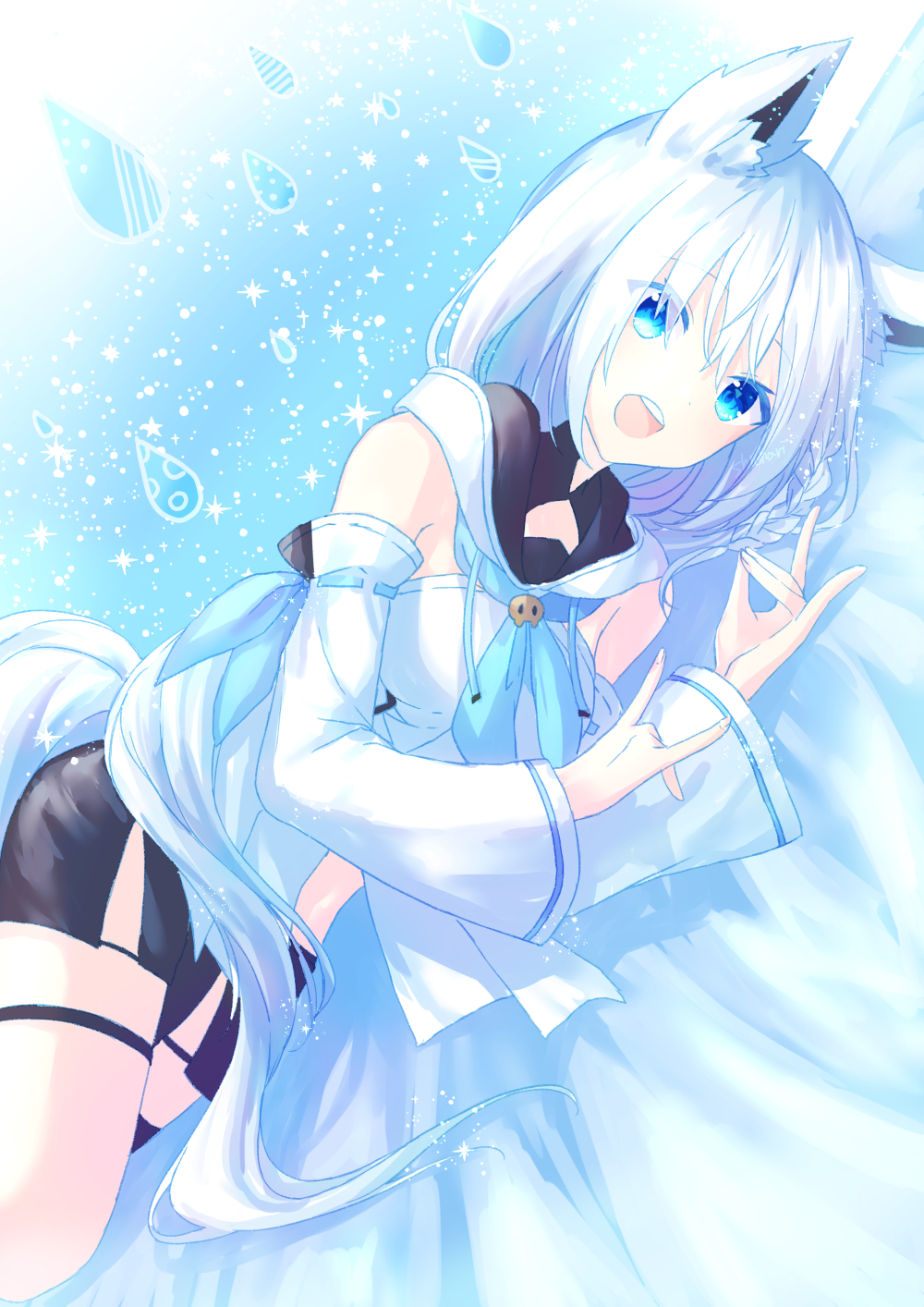 1girl animal_ears bare_shoulders blue_eyes breasts fox_ears fox_girl fox_shadow_puppet fox_tail highres hololive long_hair long_sleeves looking_at_viewer lying open_mouth shiohari_kanna shirakami_fubuki sky small_breasts smile solo star_(sky) starry_sky tail virtual_youtuber water_drop white_hair