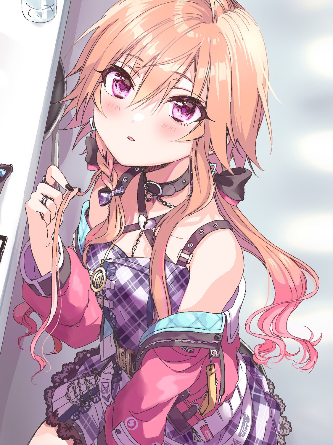 belt black_nails blush bow braid breasts checkered_clothes checkered_dress choker commentary_request dress eyebrows_visible_through_hair eyelashes glitterstage gradient_hair hair_between_eyes hair_bow hand_up highres idolmaster idolmaster_cinderella_girls idolmaster_cinderella_girls_starlight_stage jacket jewelry light_brown_hair long_hair long_sleeves looking_at_viewer multicolored_hair nail_polish ninomiya_asuka open_clothes open_jacket over_shoulder parted_lips pink_hair pink_jacket playing_with_own_hair purple_dress ring simple_background small_breasts solo violet_eyes