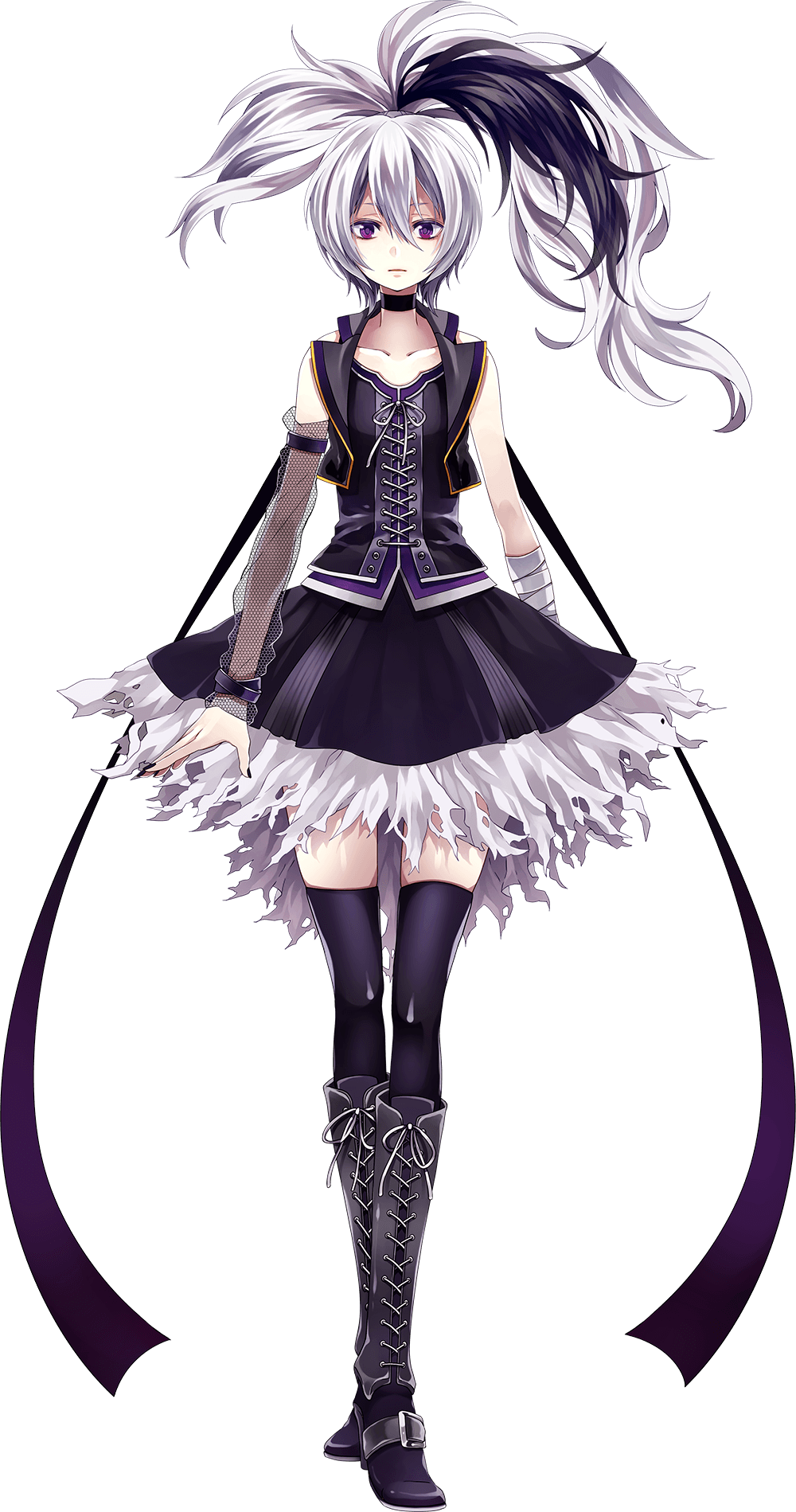 10xxx05 1girl arm_ribbon arm_warmers bandaged_arm bandages bare_shoulders black_ribbon boots cross-laced_footwear expressionless fishnet_armwear flower_(vocaloid) full_body highres jacket knee_boots lace-up_boots lace-up_top layered_skirt long_hair looking_at_viewer multicolored_hair official_art ponytail purple_footwear purple_hair purple_jacket purple_legwear purple_nails purple_shirt purple_skirt ribbon shirt single_arm_warmer skindentation skirt sleeveless sleeveless_jacket sleeveless_shirt standing streaked_hair thigh-highs torn_clothes torn_skirt transparent_background vest violet_eyes vocaloid white_hair yamako_(state_of_children)
