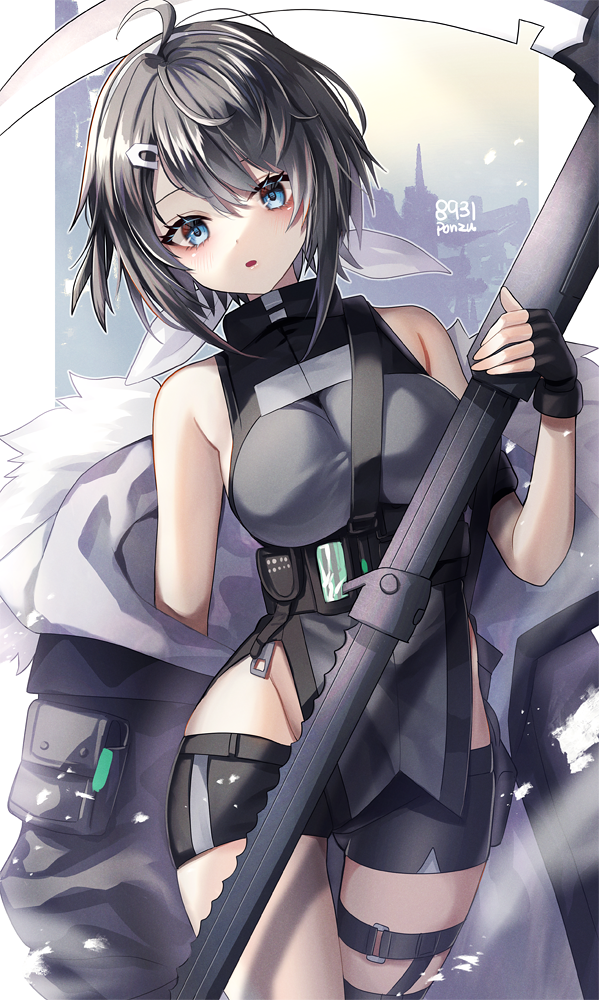 1girl :o ahoge arknights ass_visible_through_thighs bangs bare_shoulders black_coat black_gloves black_hair black_shorts blue_eyes blush breasts cityscape coat coat_removed cowboy_shot eyebrows_visible_through_hair fingerless_gloves gloves groin hair_ornament hairclip hakusai_ponzu head_tilt holding holding_weapon huge_weapon la_pluma_(arknights) large_breasts looking_at_viewer open_mouth short_hair short_shorts shorts solo thigh_gap thigh_strap underbust weapon