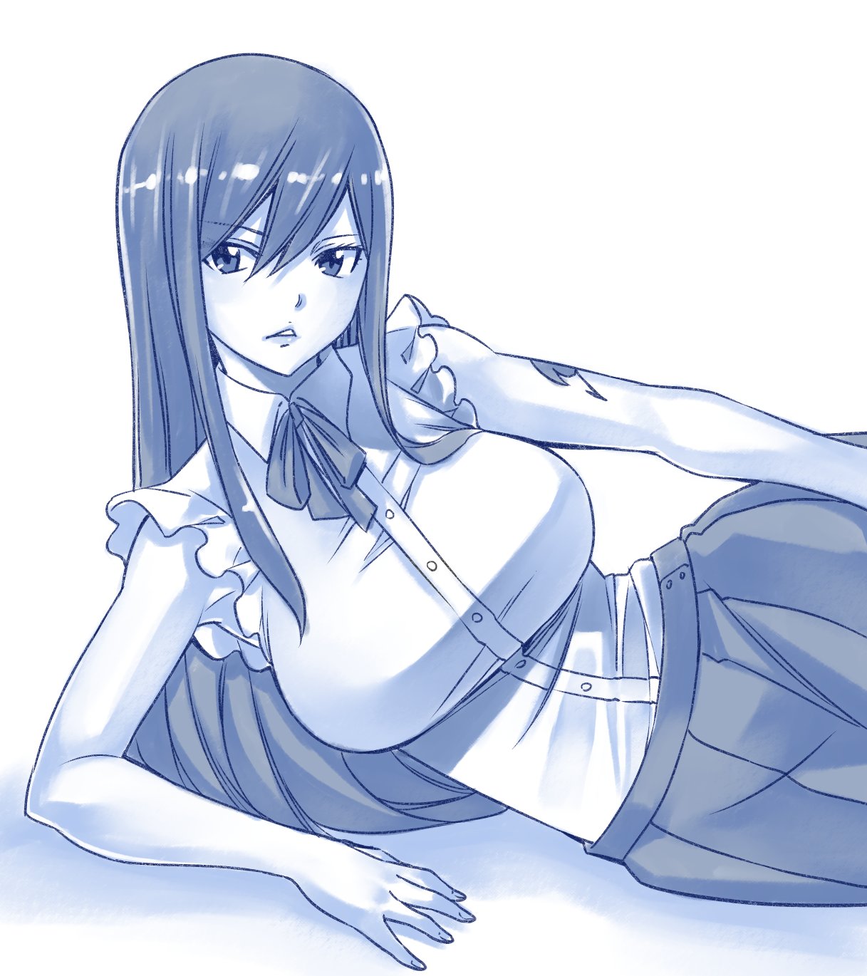1girl arm_support arm_tattoo bangs blue_theme breasts erza_scarlet fairy_tail fairy_tail_logo hair_between_eyes highres large_breasts looking_at_viewer lying mashima_hiro monochrome official_art on_side parted_lips pleated_skirt shirt simple_background skirt sleeveless solo tattoo white_background white_shirt