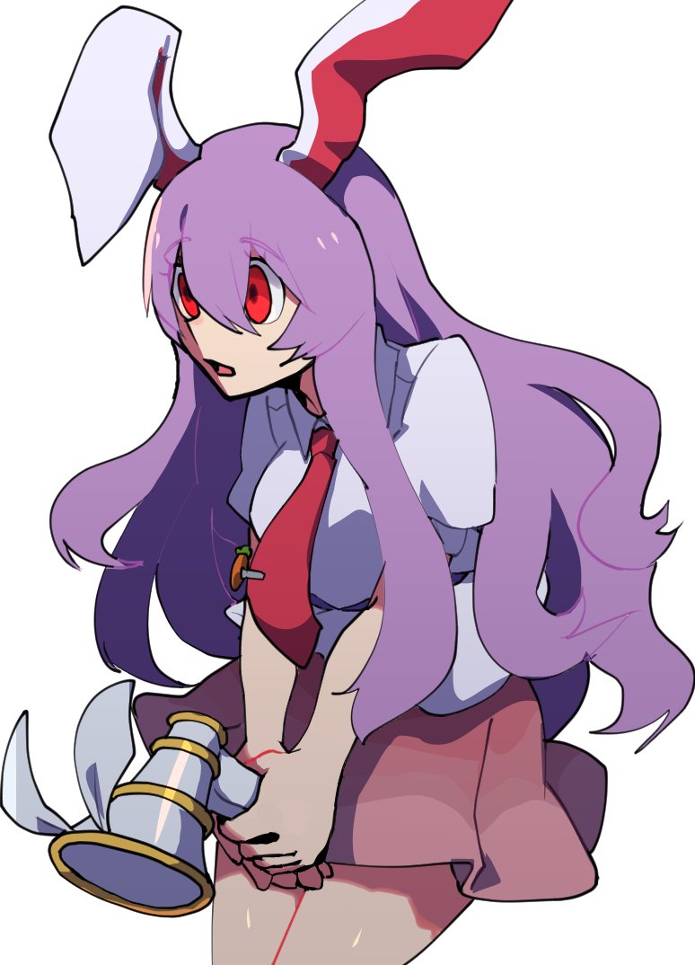 1girl animal_ears carrot_pin collared_shirt cropped_legs eyebrows_visible_through_hair from_side gun hair_between_eyes holding holding_gun holding_weapon iganashi1 light_purple_hair long_hair lunatic_gun necktie one-hour_drawing_challenge open_mouth pleated_skirt purple_hair rabbit_ears red_eyes red_necktie reisen_udongein_inaba shirt short_sleeves simple_background skirt solo touhou weapon white_background white_shirt