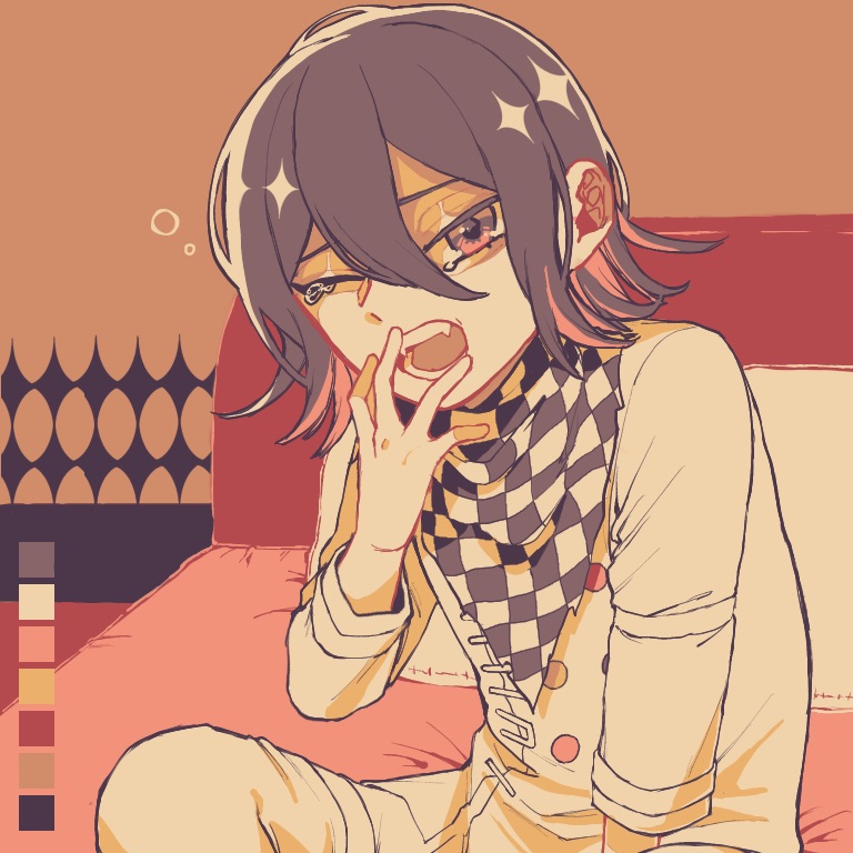 1boy bangs brown_jacket brown_pants checkered_clothes checkered_scarf danganronpa_(series) danganronpa_v3:_killing_harmony fangs flipped_hair hand_up indoors jacket long_sleeves looking_at_viewer medium_hair multicolored_hair niwatori_panda on_bed one_eye_closed open_mouth ouma_kokichi pants scarf sitting solo sparkle teeth tongue two-tone_hair