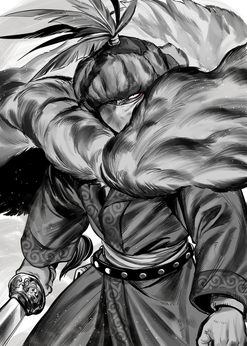 1boy angry arms_at_sides belt cloak covered_mouth cowboy_shot eyeliner fighting_stance fur_cloak fur_hat furrowed_brow gloves greyscale hat hat_feather hat_over_one_eye highres holding holding_sword holding_weapon kenkon_no_washi light_particles long_sleeves looking_at_viewer makeup male_focus mask monochrome mouth_mask one_eye_covered robe sanpaku sash solo spot_color suzumori_521 sword weapon wind