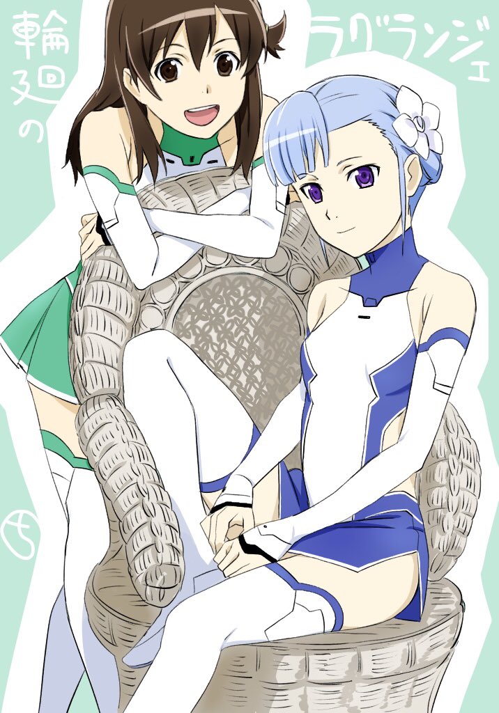 2girls blue_hair breasts chair closed_mouth fin_e_ld_si_laffinty flower groin hair_flower hair_ornament kobayashi_chizuru kyouno_madoka looking_at_viewer multiple_girls open_mouth rinne_no_lagrange short_hair skirt smile thigh-highs violet_eyes white_legwear