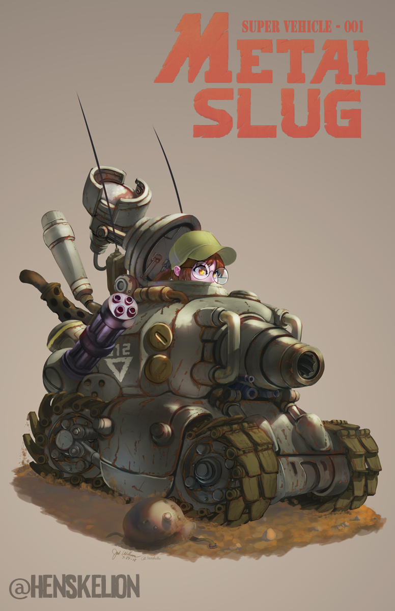 1girl baseball_cap brown_hair caterpillar_tracks dieselpunk dirt english_commentary fio_germi glasses green_headwear ground_vehicle gun hat henskelion highres metal_slug military military_vehicle motor_vehicle solo sv001_(metal_slug) tan_background tank tank_focus vehicle_focus weapon yellow_eyes