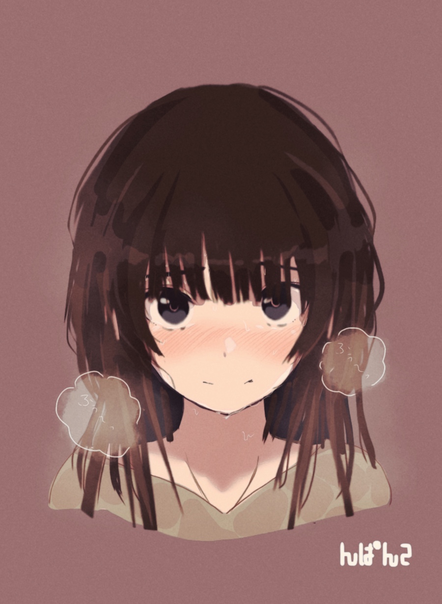 amagami artist_name bangs black_eyes blunt_bangs blush breath brown_background brown_hair closed_mouth commentary cropped_torso hair_over_shoulder hair_strand highres kamizaki_risa light_smile long_hair looking_at_viewer messy_hair nose_blush raised_eyebrows shirt signature smile sweat sweating_profusely tenpanco translated upturned_eyes wet wet_clothes wet_shirt yellow_shirt