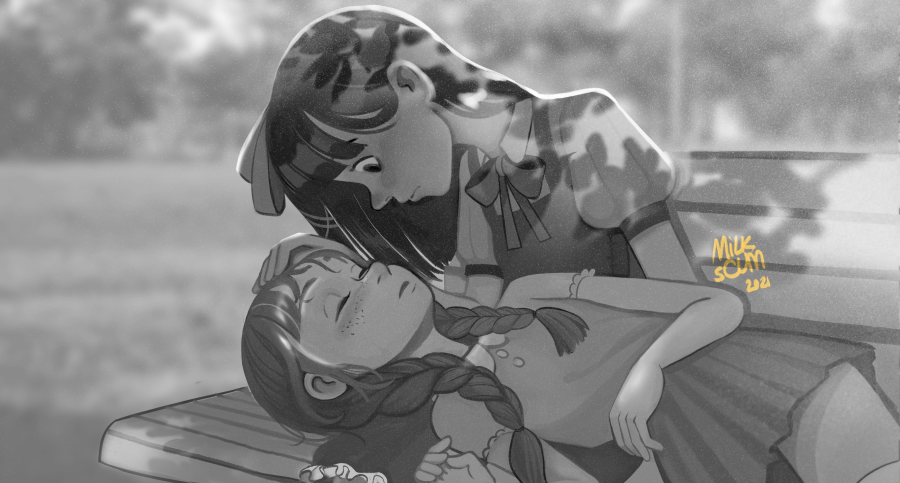 2girls artist_name bench blush braid closed_eyes commission freckles greyscale loli looking_at_another milkscum monochrome multiple_girls original outdoors parted_lips shadow sitting skirt sleeping twin_braids yuri