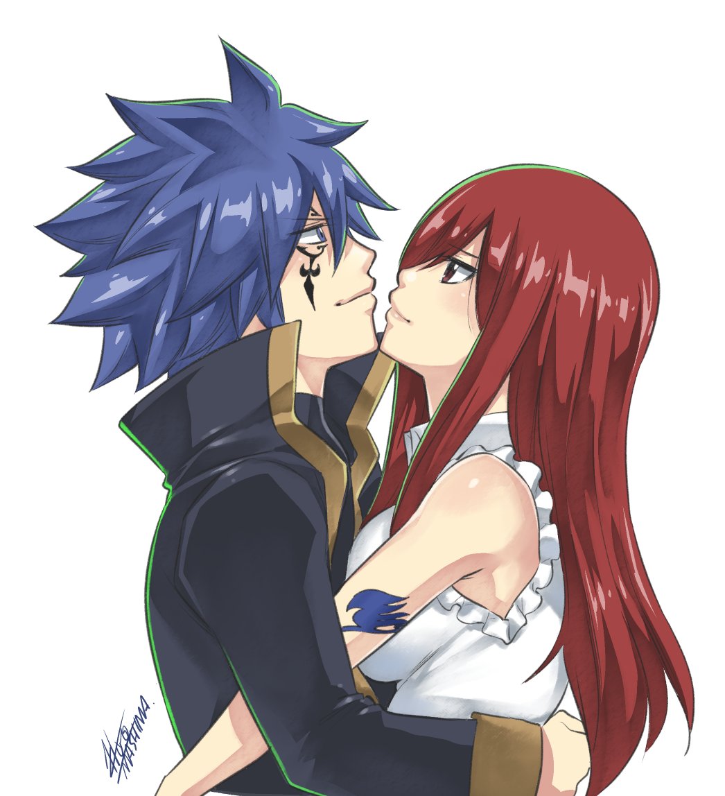 1boy 1girl arm_tattoo bangs blue_hair breasts brown_eyes collared_jacket couple dress erza_scarlet eye_contact eyebrows_visible_through_hair face-to-face facial_tattoo fairy_tail fairy_tail_logo from_side hair_between_eyes hetero high_collar hug jellal_fernandes large_breasts long_hair long_sleeves looking_at_another mashima_hiro official_art profile redhead shirt signature simple_background sleeveless sleeveless_shirt spiky_hair strapless strapless_dress tattoo white_background white_shirt